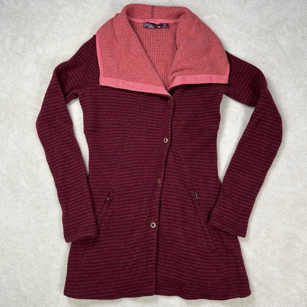 Prana Milana Wool Blend Sweater Jacket Womens XS Red Berry Button Front Collared